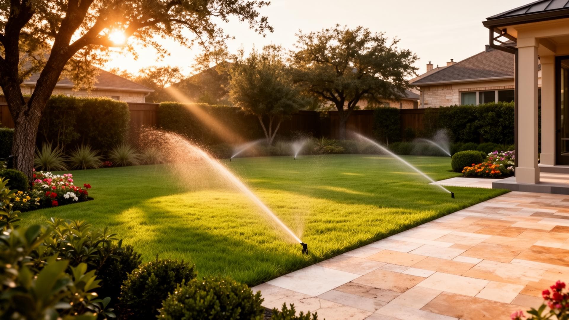 Beautiful landscaped backyard with irrigation system